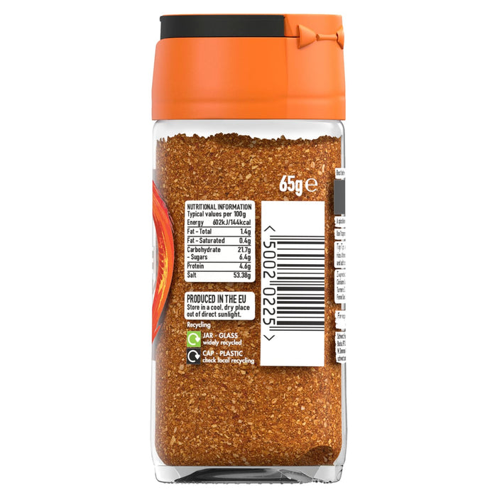A back view of the glass jar for Schwartz Pilau Rice Seasoning 65G showing the nutritional information and recycling instructions on the label.