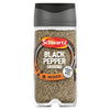 A clear glass jar of Schwartz Black Pepper Ground Medium with a dark grey lid and an orange label.
