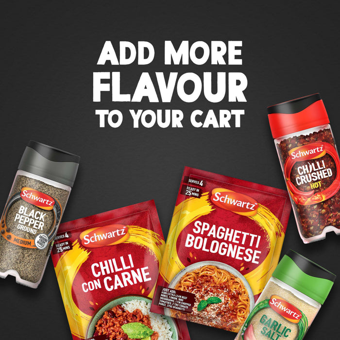 An advertisement shows a jar of Schwartz Ground Black Pepper, 33G alongside other Schwartz seasonings and recipe mixes with the text Add more flavour to your cart.