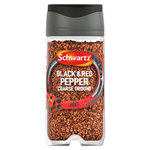 A clear spice jar featuring a black flip top lid contains Schwartz Black And Red Pepper, 45G which is a coarse ground hot seasoning blend.