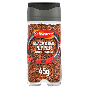 A clear glass jar of Schwartz Black And Red Pepper, 45G features a coarse ground blend of hot spices visible through the label.