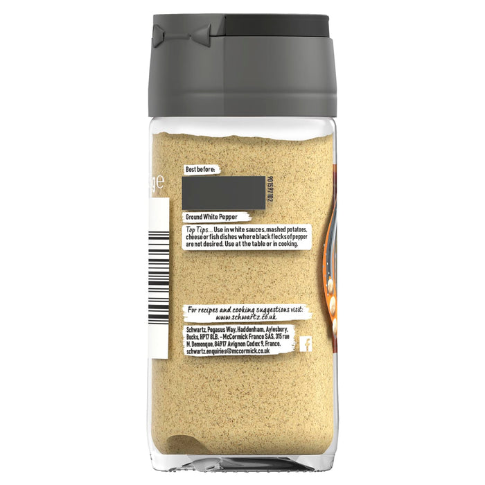 The back label of a jar of Schwartz Ground White Pepper, 34G provides usage tips for white sauces and mashed potatoes along with contact information for McCormick France.