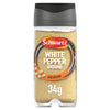 A clear glass jar of Schwartz Ground White Pepper, 34G with a grey flip top lid and a label featuring a medium heat rating.