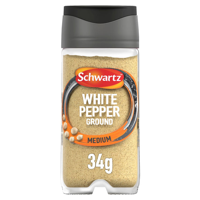 A clear glass jar of Schwartz Ground White Pepper, 34G with a grey flip top lid and a label featuring a medium heat rating.