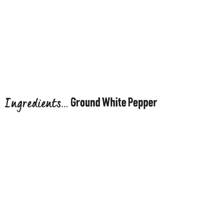 A simple graphic displaying the single ingredient for Schwartz Ground White Pepper, 34G as ground white pepper in black text against a white background.