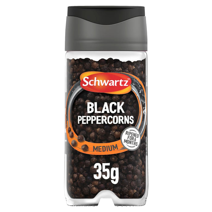 A 35g glass jar of Schwartz Black Peppercorns that have been ripened for six months to provide a medium heat level.