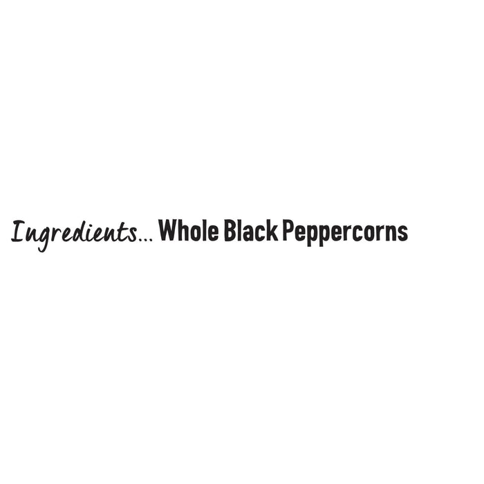 A graphic featuring the text Ingredients Whole Black Peppercorns in a stylized black font against a plain white background.