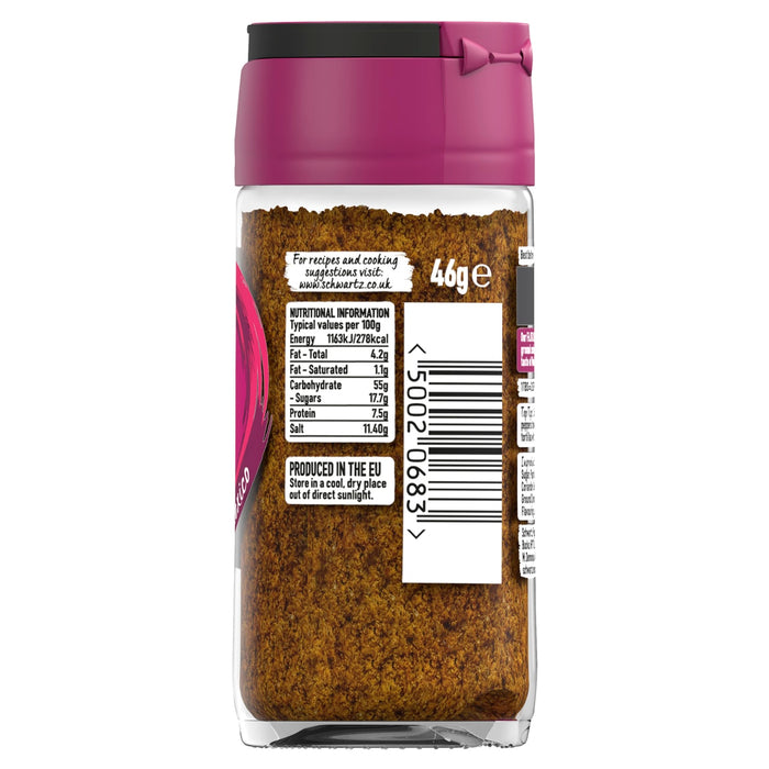 The back of a glass jar of Schwartz Fajita Seasoning 46G, displaying the nutritional information, barcode, and storage instructions.