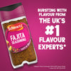 A promotional graphic for Schwartz Fajita Seasoning 46G featuring a bottle of the spice blend against a vibrant pink background with text claiming it comes from the UK number one flavour experts.