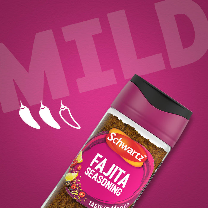 A bottle of Schwartz Fajita Seasoning 46G is displayed against a vibrant purple background featuring the word MILD and three chili icons to indicate its heat level.