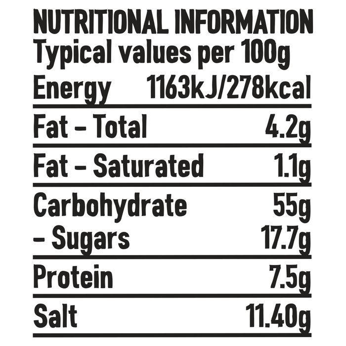 An infographic displaying the nutritional information table for Schwartz Fajita Seasoning 46G, detailing the typical values per 100g.