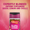 A promotional graphic for Schwartz Fajita Seasoning 46G highlights that it is expertly blended with ground coriander seeds, lemon, and chilli against a vibrant pink textured background.