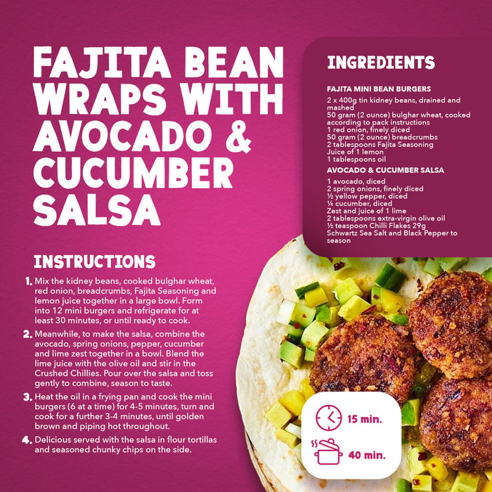 This recipe infographic for fajita bean wraps with avocado and cucumber salsa features Schwartz Fajita Seasoning 46G as a key ingredient for the mini bean burgers.