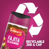 An infographic featuring a large white recycling symbol behind a bottle of Schwartz Fajita Seasoning 46G to highlight that the jar and cap are recyclable.