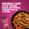 A jar of Schwartz Fajita Seasoning 46G is shown next to a sizzling pan of sliced chicken, onions, and peppers with instructions to sprinkle the seasoning over the dish towards the end of cooking.