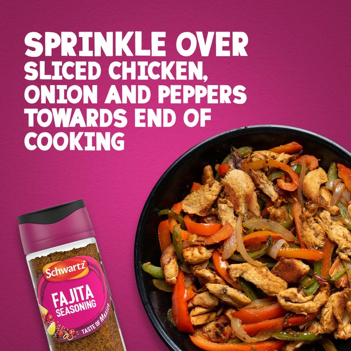 A jar of Schwartz Fajita Seasoning 46G is shown next to a sizzling pan of sliced chicken, onions, and peppers with instructions to sprinkle the seasoning over the dish towards the end of cooking.