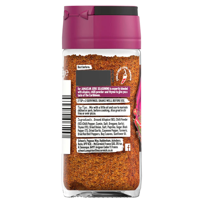 The back of a jar of Schwartz Jamaican Jerk Seasoning 51G displays the ingredients, nutritional information, and serving suggestions.