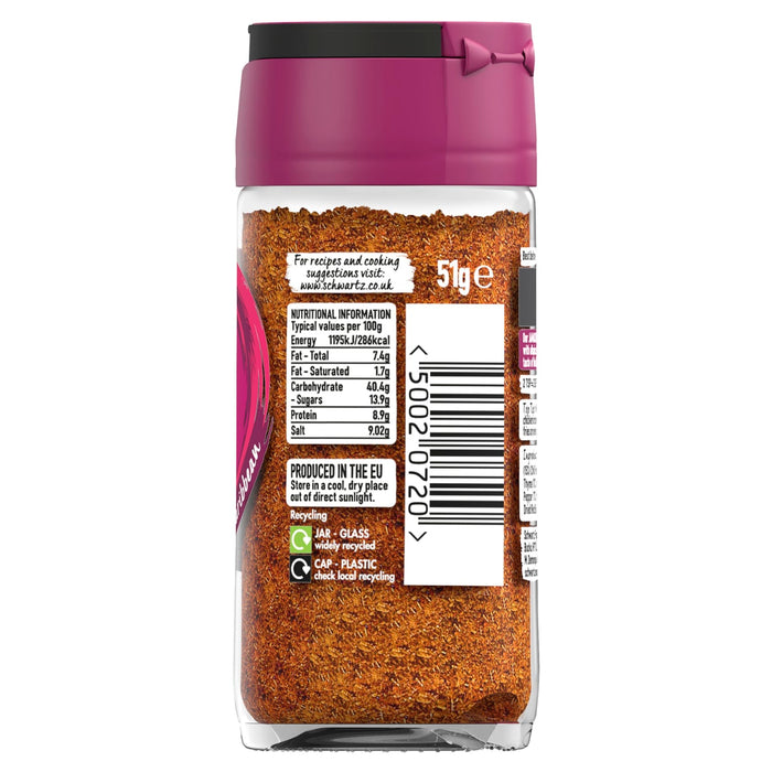 The back of a glass jar of Schwartz Jamaican Jerk Seasoning 51G, showing the nutritional information, barcode, and recycling instructions.