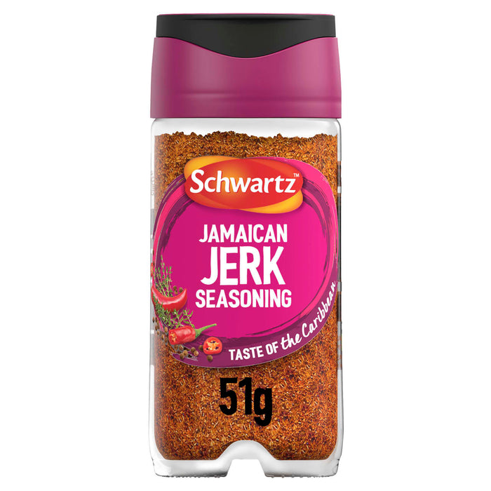 A clear glass jar of Schwartz Jamaican Jerk Seasoning 51G is shown against a white background, featuring a magenta and black lid and a label with images of red chilies and thyme.