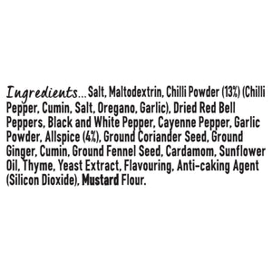 The ingredients list for Schwartz Cajun Seasoning 44G, which includes salt, maltodextrin, and chilli powder, is displayed in black text.
