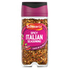 A clear glass jar of Schwartz Spicy Italian Seasoning 42G featuring a vibrant pink label with illustrations of red chili peppers and garlic cloves.