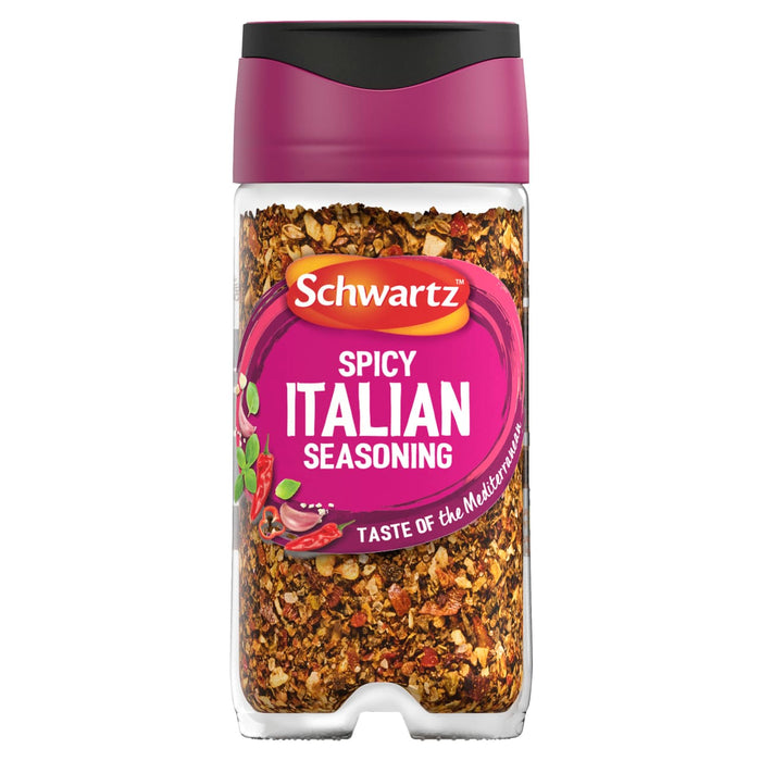 A clear glass jar of Schwartz Spicy Italian Seasoning 42G featuring a vibrant pink label with illustrations of red chili peppers and garlic cloves.