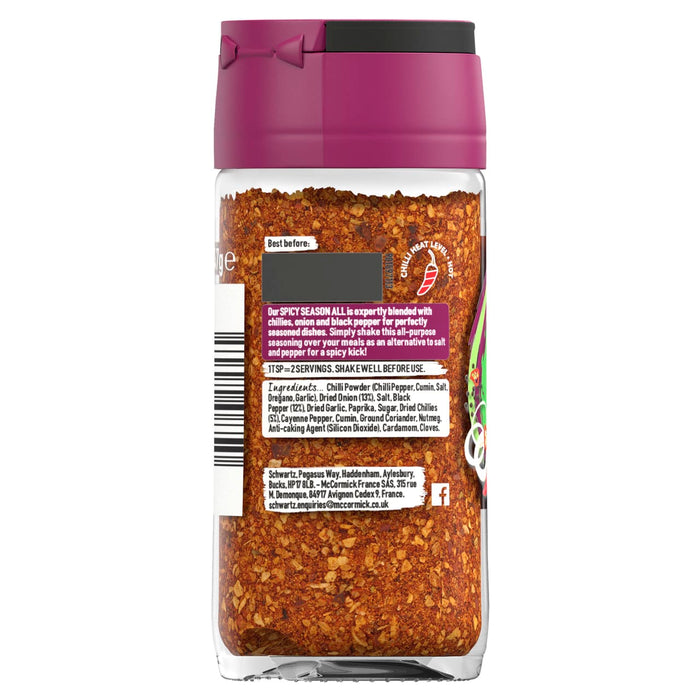 A back view of a clear glass jar of Schwartz Chillies & Onion Spicy Season All, 47G showing the ingredient list and a chilli heat level indicator on the label.