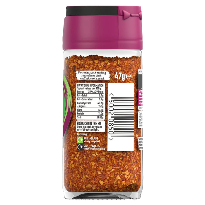 The back of a glass jar of Schwartz Chillies & Onion Spicy Season All, 47G shows the nutritional information and recycling instructions for the red spice blend inside.