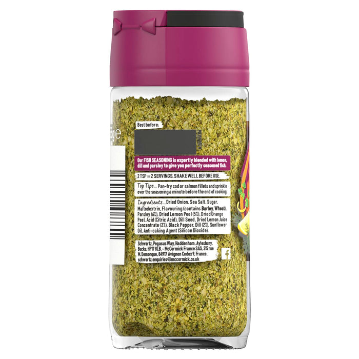 The back label of a jar of Schwartz Fish Seasoning, 55G provides cooking tips and a full list of ingredients including dried onion, sea salt, lemon peel, and dill.