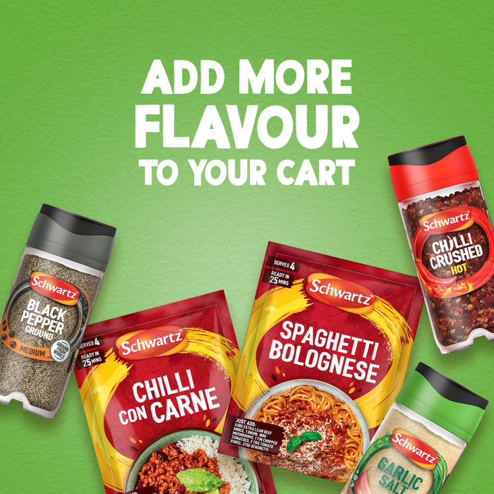 A promotional image with the text Add More Flavour To Your Cart features a variety of Schwartz seasonings, including Black Pepper, Crushed Chilli, a jar of Schwartz Garlic Salt, 73G, and recipe mixes for Spaghetti Bolognese and Chilli Con Carne.
