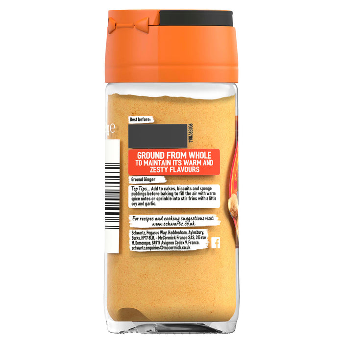 The back of a jar of Schwartz Ground Ginger, 26G, shows cooking suggestions and company information against a white background.