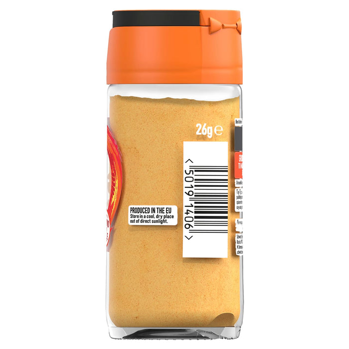 The back of a glass jar of Schwartz Ground Ginger, 26G, displays the barcode, weight, and storage instructions to inform the consumer.