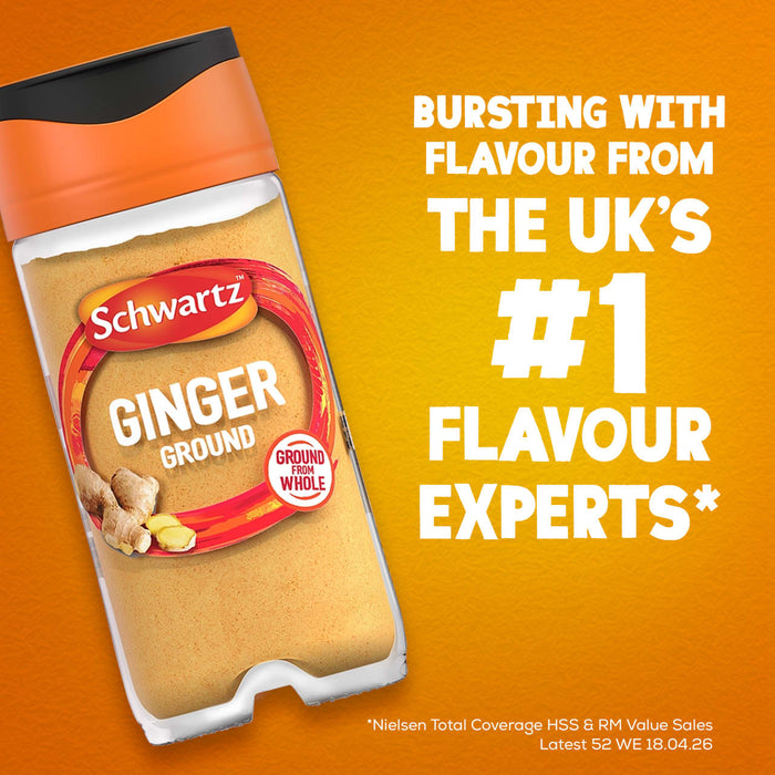 A jar of Schwartz Ground Ginger 26G Jar is displayed against a vibrant orange background featuring text that highlights the brand as the number one flavour experts in the UK.