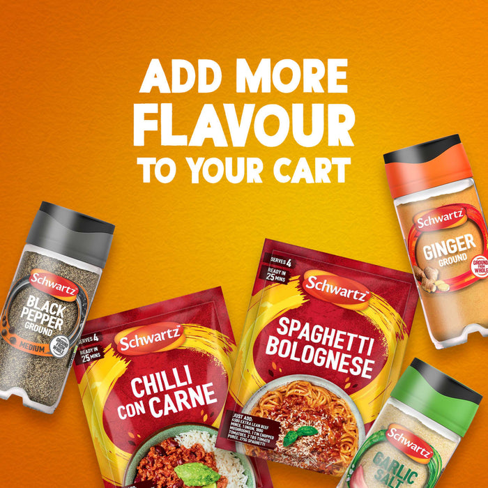 A vibrant promotional graphic encourages shoppers to add more flavor to their cart with a selection of Schwartz products including Schwartz Ground Ginger 26G Jar, Black Pepper, Garlic Salt, and recipe mixes for Chilli Con Carne and Spaghetti Bolognese.