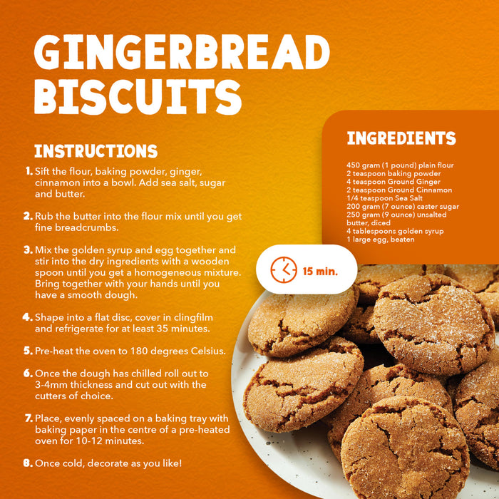 An infographic for gingerbread biscuits featuring a recipe that includes Schwartz Ground Ginger 26G Jar as a key ingredient for a warm and spicy flavor.