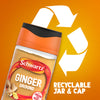 A promotional graphic featuring a Schwartz Ground Ginger 26G Jar positioned in front of a large white recycling symbol to highlight that both the jar and cap are recyclable.