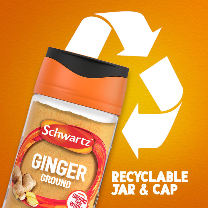 A promotional graphic featuring a Schwartz Ground Ginger 26G Jar positioned in front of a large white recycling symbol to highlight that both the jar and cap are recyclable.