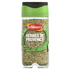 A clear plastic container of Schwartz Herbes De Provence 11G Jar is shown, featuring a green and black lid and filled with the dried herb blend.