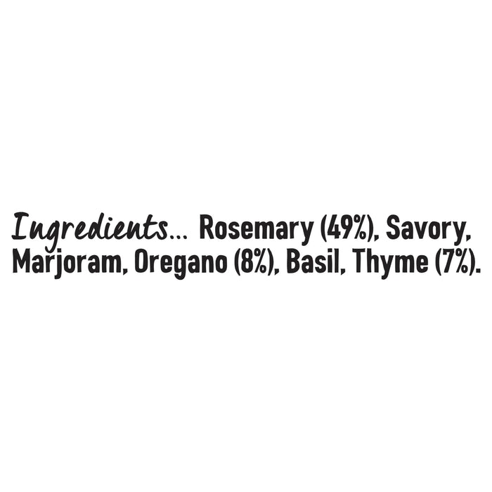 An ingredient list for Schwartz Herbes De Provence, 11G featuring rosemary at forty nine percent, savory, marjoram, oregano at eight percent, basil, and thyme at seven percent.