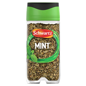 A clear glass Schwartz Mint 9G Jar filled with dried green mint leaves and topped with a signature green and black cap.