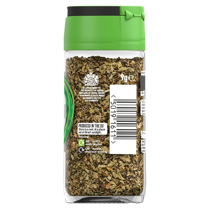 A back view of the Schwartz Mint 9G Jar showing the barcode and recycling information for the glass jar and plastic cap.
