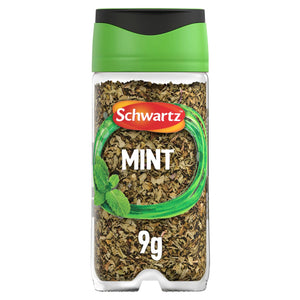 A clear glass Schwartz Mint 9G Jar filled with dried green mint leaves and topped with a bright green and black lid.