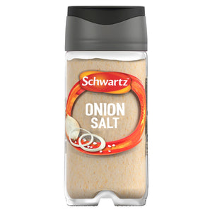 A clear glass jar of Schwartz Onion Salt, 65G featuring a grey flip-top lid and a label with an illustration of fresh onion slices.