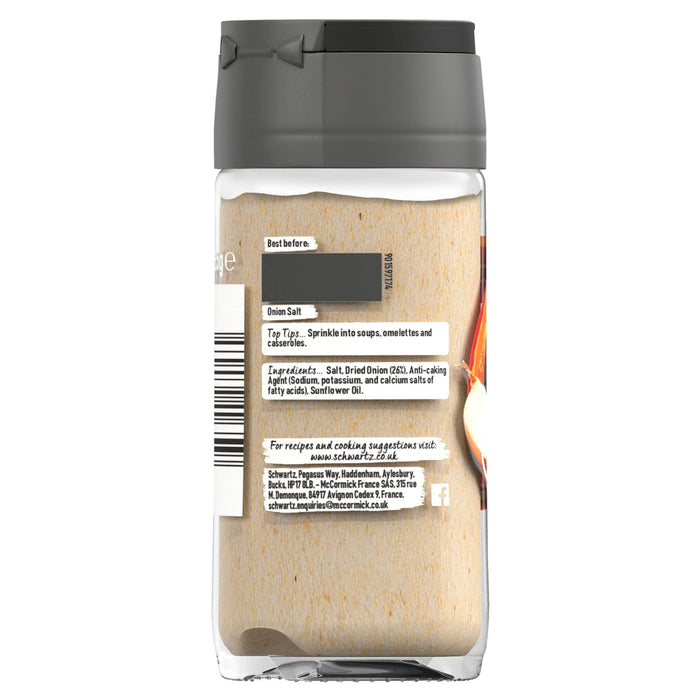 The back label of a bottle of Schwartz Onion Salt, 65G provides ingredients and usage tips for seasoning soups and omelettes.