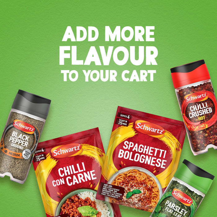 An advertisement with the text 'Add more flavour to your cart' features various Schwartz products like Black Pepper, Chilli Crushed, recipe mixes, and a jar of Schwartz Parsley, 3G, all arranged on a green background.