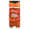 A clear glass jar of Schwartz Cayenne Chilli Pepper 26G Jar filled with vibrant red ground spice featuring an orange and black flip top lid
