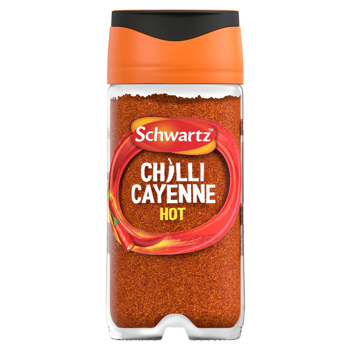A clear glass jar of Schwartz Cayenne Chilli Pepper 26G Jar filled with vibrant red ground spice featuring an orange and black flip top lid