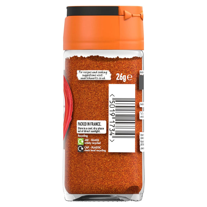 A back view of the Schwartz Cayenne Chilli Pepper 26G Jar showing the barcode and recycling information on the label.