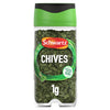 A clear glass jar of Schwartz Chives, 1G features dried green herbs visible through the container and a green cap.