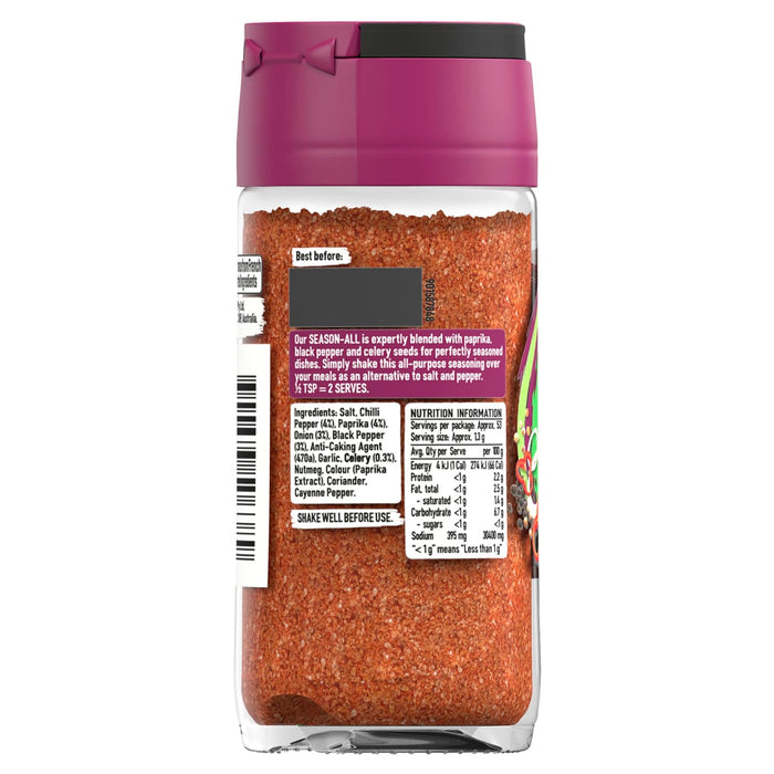 A clear glass jar of Schwartz Salt, Paprika & Pepper Season All Seasoning 70G is shown against a white background, displaying its reddish-orange contents and nutritional information label.